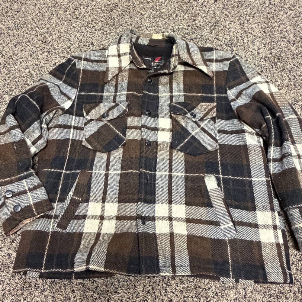 Vintage 70s Sears Plaid Sherpa Lined Shirt Jacket Mens L Brown Shacket